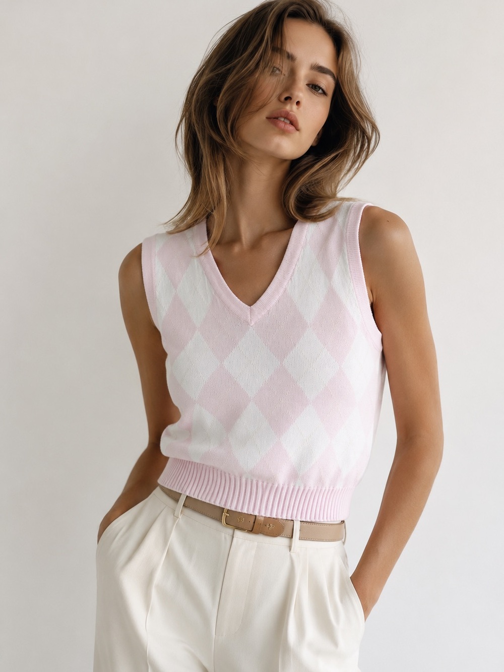 Tom Tailor Pink Argyle Athletic Lightweight sweater large